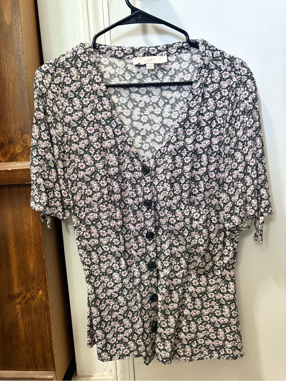 LOFT Black Floral Button-Front Women's Top with Pink Blossoms